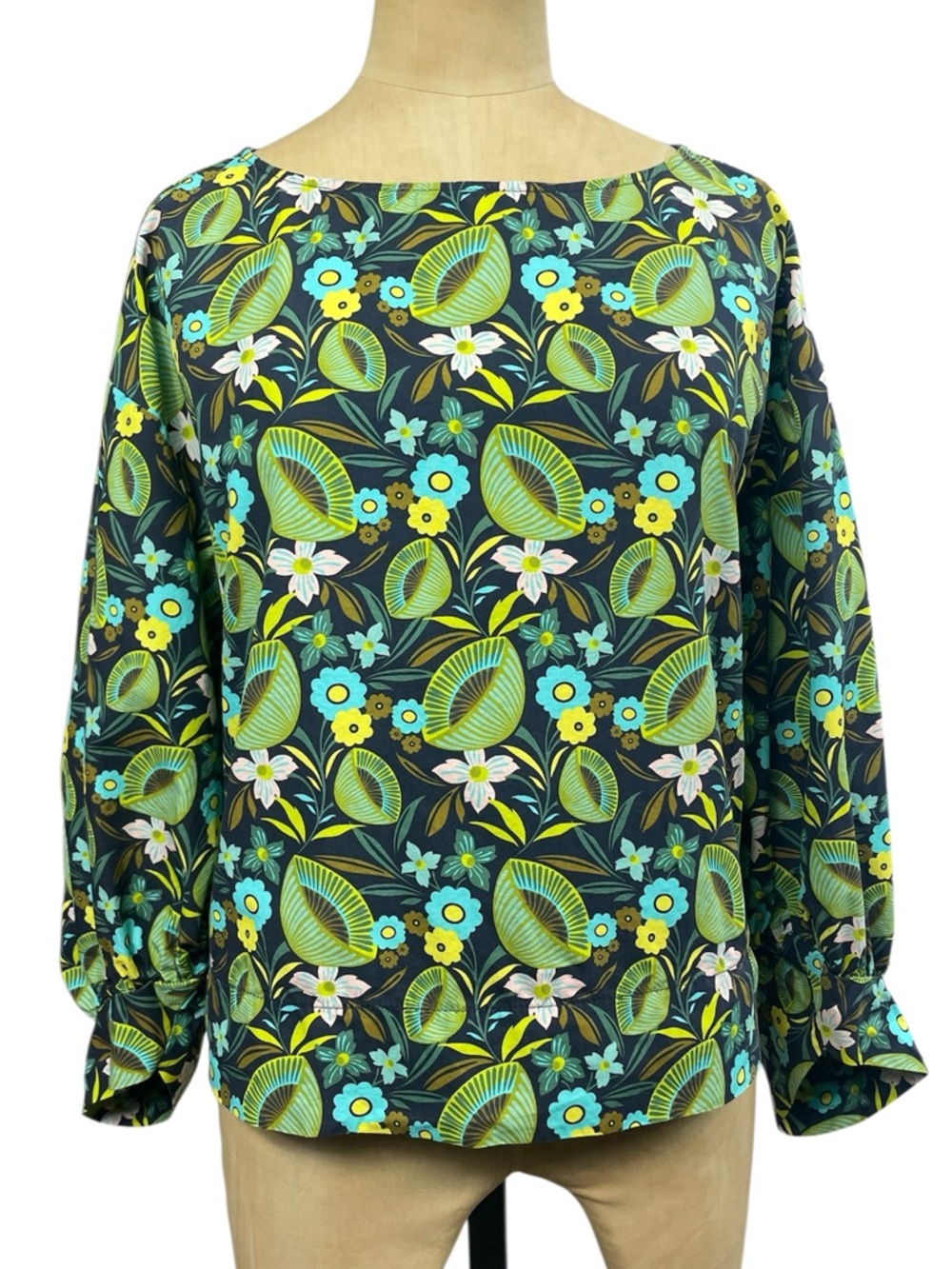 Cousin Earl Floral Boatneck Blouse SM Teal Green Cotton Boho Career Office